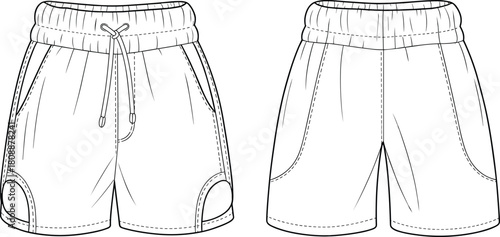 Detailed vector illustration of athletic shorts with drawstring waistband, pocket design, stitching lines, and front–back technical fashion sketch for apparel development