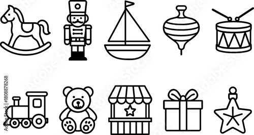 Vintage Christmas toys and gifts icons set. Rocking horse, nutcracker, teddy bear, decorations. Outline vector illustrations