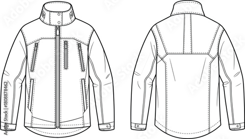 Technical flat sketch vector of modern utility jacket featuring high collar, multiple zipper pockets, structured seams, adjustable cuffs, and detailed outerwear design