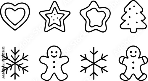 Vintage Christmas toys and gifts icons set. Rocking horse, nutcracker, teddy bear, decorations. Outline vector illustrations