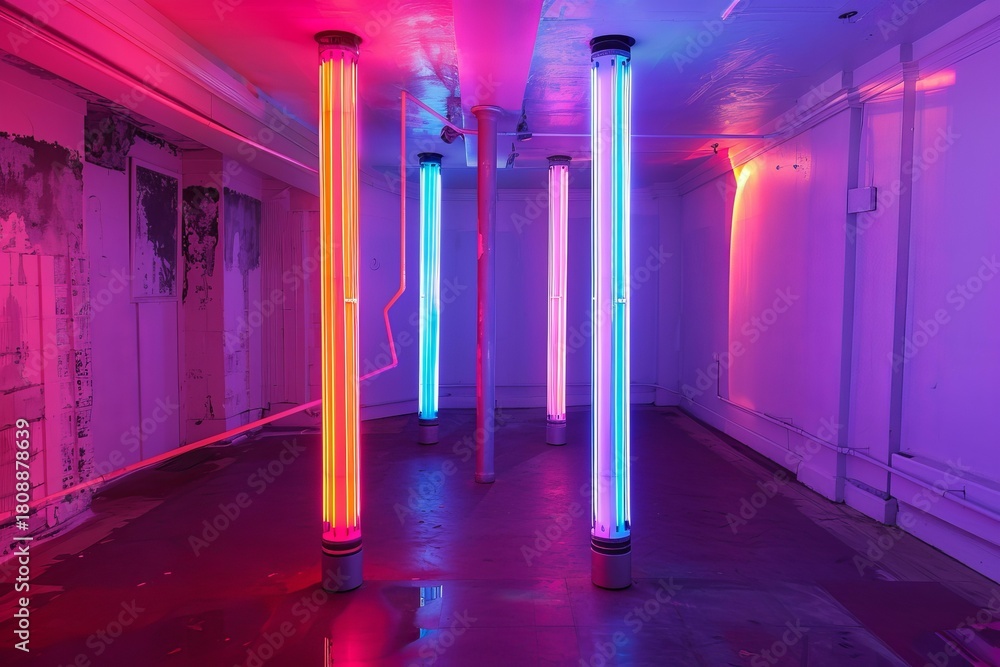 Naklejka premium Vibrant neon light columns create a futuristic atmosphere in an empty room