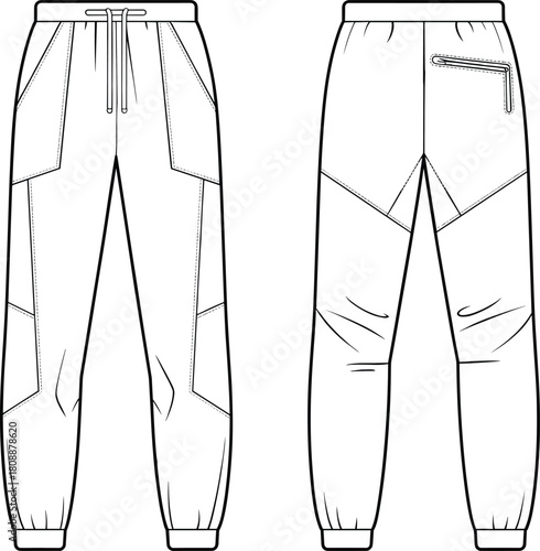 Technical flat sketch vector of modern jogger pants design featuring detailed seams, panel construction, pockets, elastic cuffs, and contemporary fashion styling