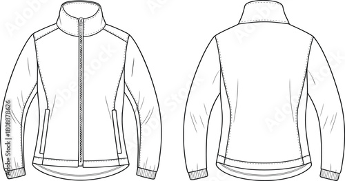 Technical flat sketch vector of modern zip-up jacket featuring high collar, seam detailing, pockets, long sleeves, and contemporary outerwear fashion design