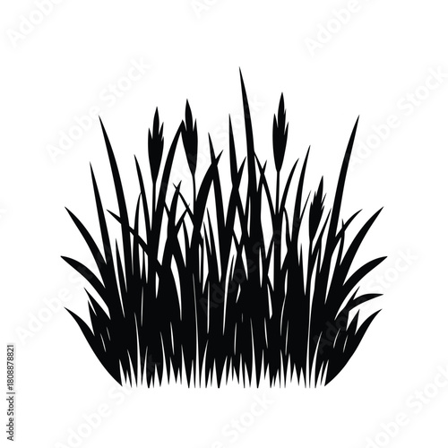Dense grass with sharp blades and seed heads in black silhouette design