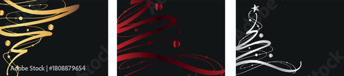 set of horizontal posters with abstract geometric lines with metallic textures forming a Christmas tree on a black background, for holiday posters, abstract backgrounds or other printing