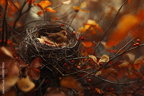 Small bird resting in its nest amidst colorful autumn foliage, creating a serene nature scene