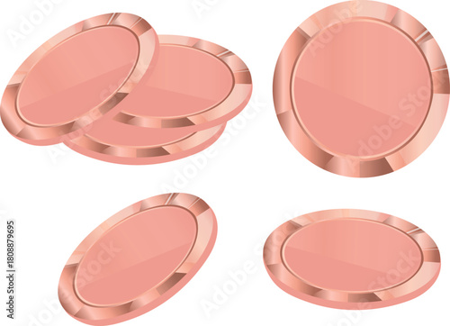 set of icons of stacks of coins of different sizes with copper, pink, metallic texture, for financial applications, business graphics or game tokens