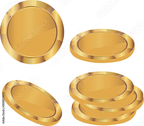 set of templates of stacks of coins of different sizes with a metallic texture, namely with a gold gradient, for financial applications, business graphics or game tokens