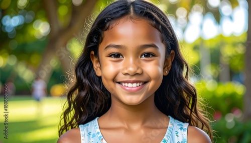 Fototapeta Naklejka Na Ścianę i Meble -  A close-up of a young girl with dark hair, a warm smile, and bright eyes, framed against a blurred green park