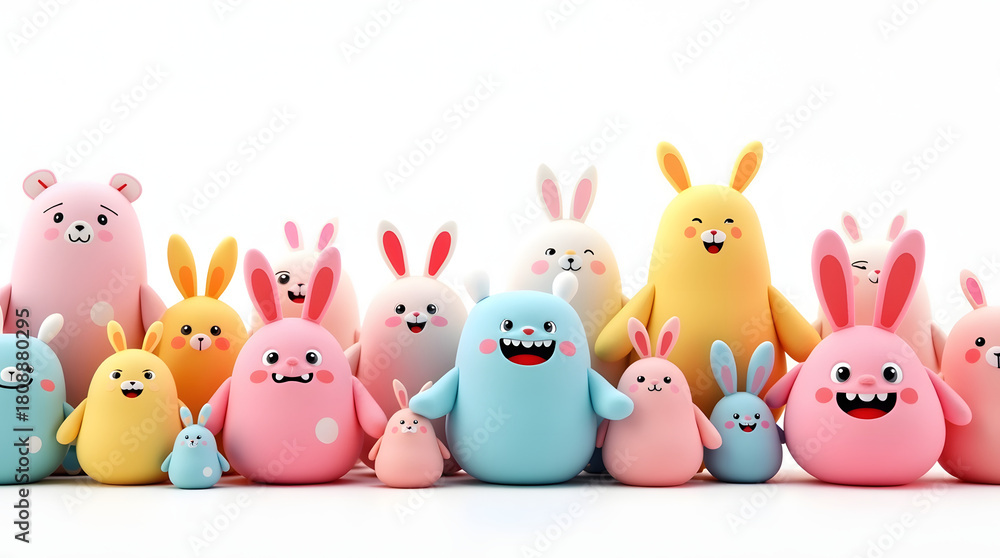 Naklejka premium A cheerful assembly of colorful animated characters, showcasing a variety of whimsical rabbits and cute creatures.