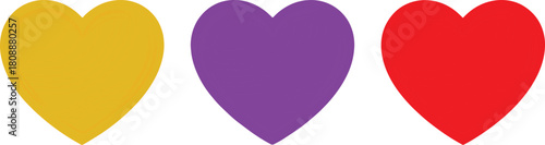 Three glossy hearts in gold, silver, and red isolated on