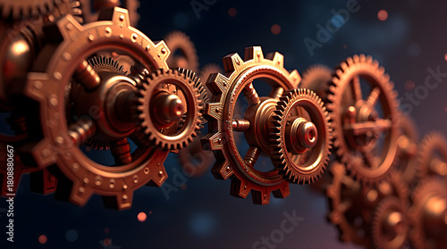 Intricate bronze gears create a stunning mechanical display, showcasing the beauty of engineering in a captivating close-up.