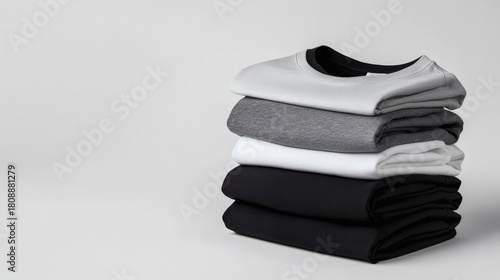Stacking pile of folded blank black, grey, gray, and white t-shirts with a round neck and a white background cutout. A mockup template for graphic design artwork,
