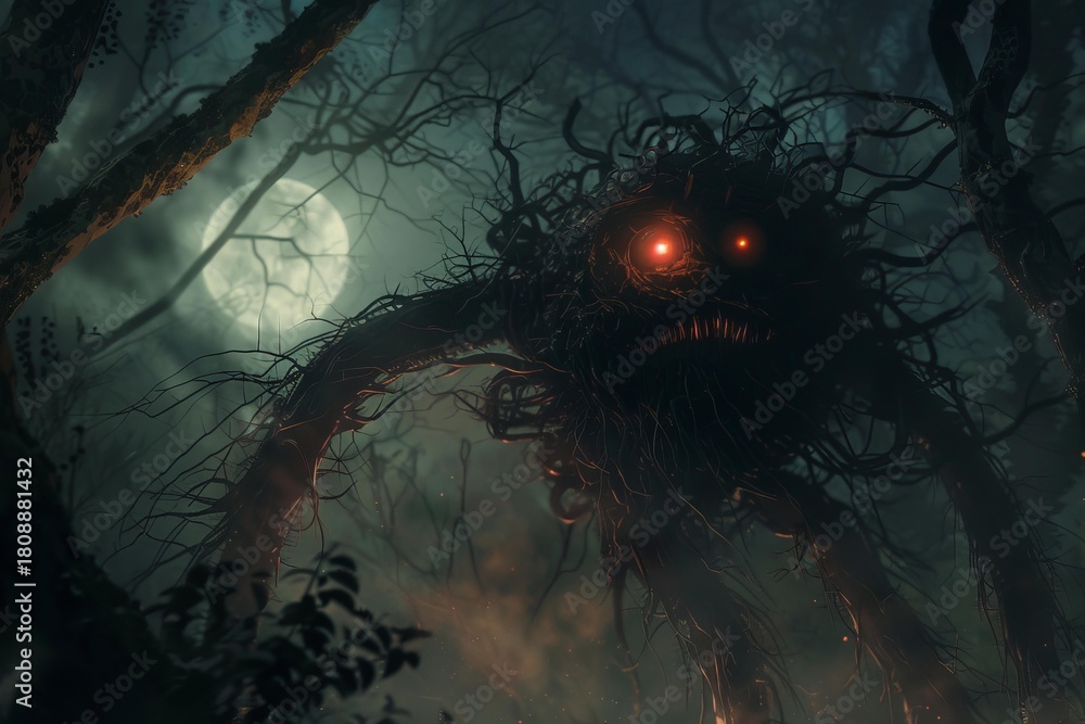 Fototapeta premium Creepy monster made of branches and roots emerging from dark forest at night, illuminated by full moon