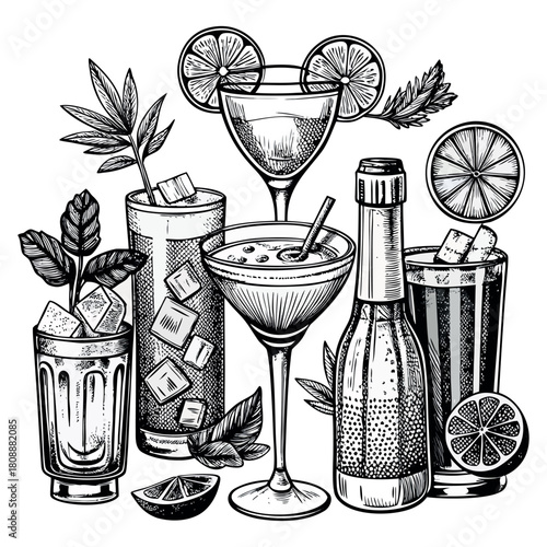 Hand-Drawn Cocktail and Beverage Glasses Illustration