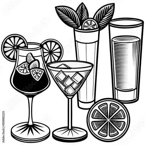 Hand-Drawn Cocktail and Beverage Glasses Illustration