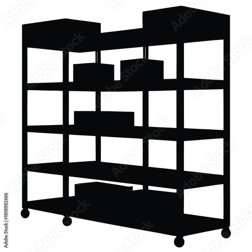 Black Silhouette of Rolling Shelf Unit with Open Shelves for Storage on White Color