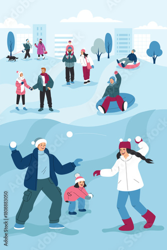Winter activities. People are walking, building a snowman, having a snowball fight, tubing, and ice skating. Flat cartoon vector illustration.