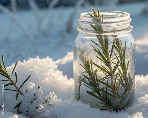 A jar with snow-covered rosemary sprigs, ice crystals and cold white lighting