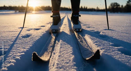 Cross country ski boots on snowy trail at winter sunset