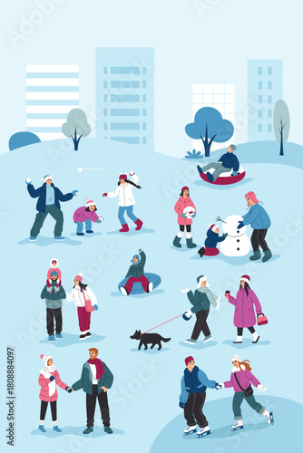 Winter activities. People are walking, building a snowman, having a snowball fight, tubing, and ice skating. Flat cartoon vector illustration.