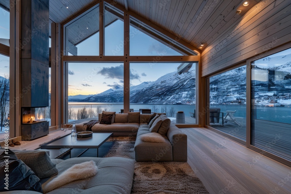 Obraz premium Cozy and stylish living room with fireplace and large windows offering breathtaking views of a fjord and snowy mountains during sunset in winter