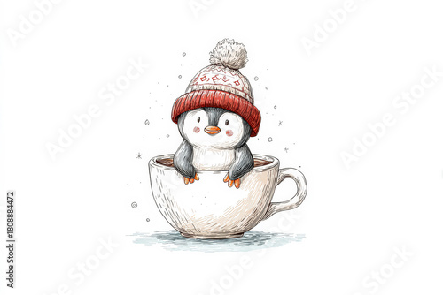 Cute penguin in a cozy red hat sitting in a festive cup with winter snowflakes around