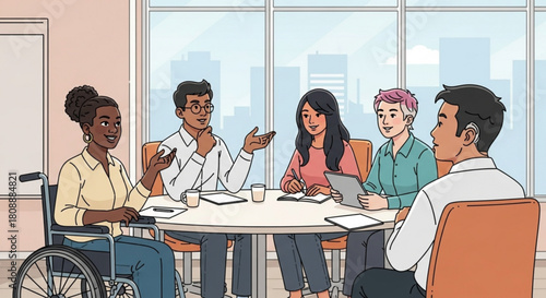 Inclusive diverse team meeting in office with wheelchair user and hearing aid user discussion collaboration