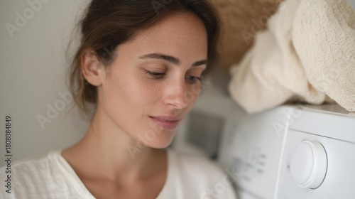 Young woman with her eyes closed, resting her head on a white washing machine. she is wearing a white t-shirt and appears to be in a bedroom or bathroom.
