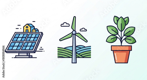 Renewable energy sources solar panel wind turbine and plant for sustainable future and eco friendly lifestyle