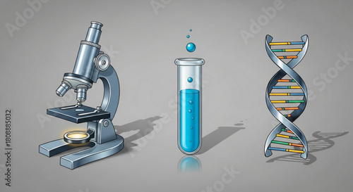 Illustration of science lab equipment including microscope test tube and dna helix structure image