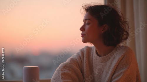 Young woman sitting on a windowsill, looking out at the city skyline. she is wearing a white sweater and has shoulder-length dark hair.