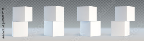 White 3d cube pairs stacked at different angles on transparent background. Minimalist geometric blocks in square shape with realistic shadows and clean edges for modern mockup or abstract composition.