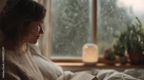 Young woman sitting on a bed, reading a book. she is wearing a white sweater and has shoulder-length dark hair.