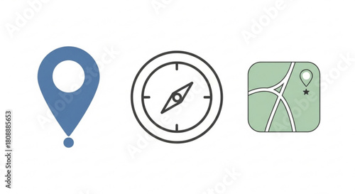 Find location with map pin compass and navigation app for travel and destination planning guide icon set