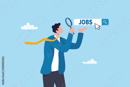 Searching for new job, work opportunity or career occupation, talent or applicant finding new vacancy, professional guidance, classified unemployment, businessman search job with magnifying glass.
