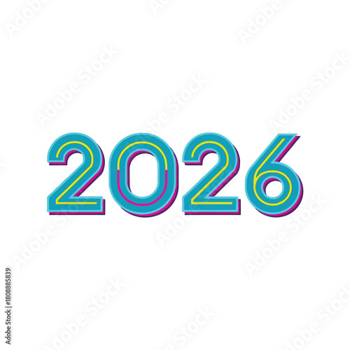 Futuristic 2026 year number glowing neon digits digital typography modern design isolated on white background