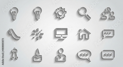 White line art icons for business and technology including lightbulb gear computer and communication icons