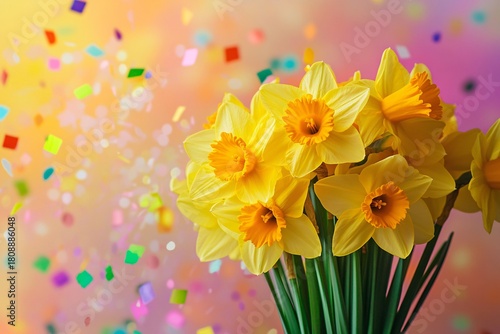 Bright yellow daffodils and colorful Easter eggs bloom in the spring garden, a beautiful symbol of the season's nature