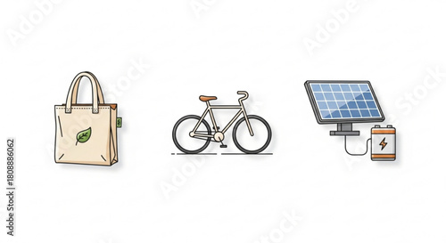 Sustainable living eco friendly lifestyle choices including reusable bag bicycle and solar panel energy solutions