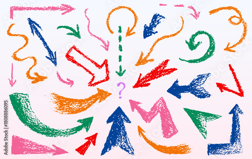 Bold crayon arrow set with textured chalk strokes - colorful hand drawn pointers. Vector rough pencil directional symbols, curved lines and question mark for playful infographic or presentation layout