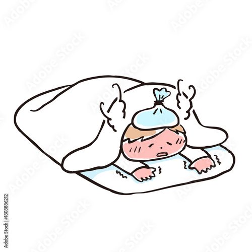発熱で寝込んでいる人のイラスト