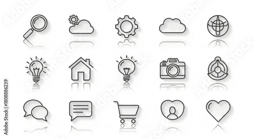 Line art vector icons set for web and mobile ui design elements search cloud home camera heart and more icons