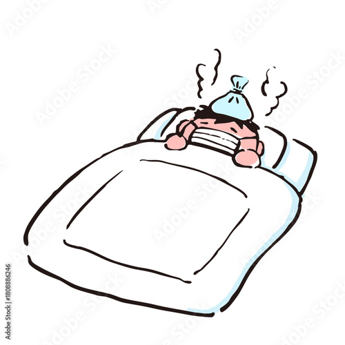 発熱で寝込んでいる人のイラスト