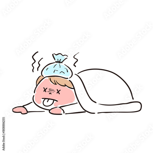 発熱で寝込んでいる人のイラスト