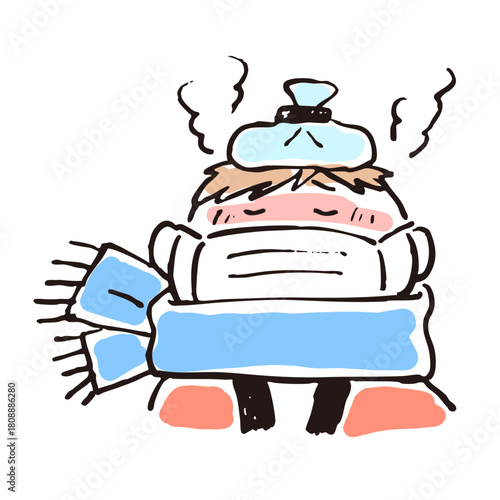 発熱して氷嚢を頭に乗せている体調が悪い人
