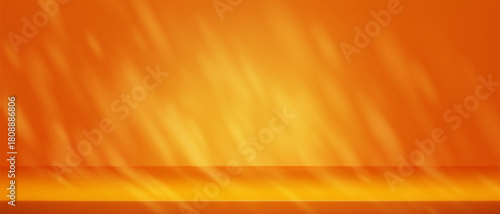 Gradient orange studio background with warm sunlight and soft shadow effect for product display. Empty 3d platform scene with limbo in golden yellow tones and natural illumination atmosphere.