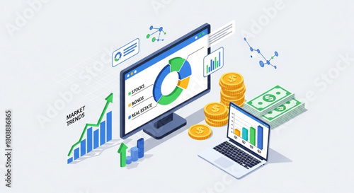 Investment portfolio analysis and financial growth strategy with stock market trends and asset allocation