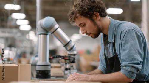 A young man working in a factory. he is wearing a denim shirt and a black apron. he has curly hair and is focused on his work.