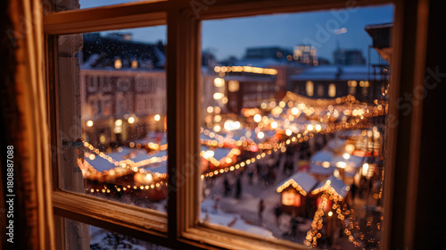 Cozy view of a Christmas market filled with lights and decorations, creating a warm holiday ambiance, inviting festive cheer and joy